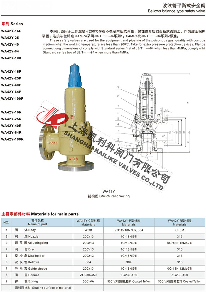 WA42Y波紋管平衡式安全閥說明書